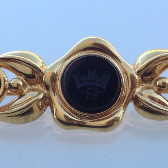 Fendi Brooch Victorian Revival Bar Rhodium Gold Intaglio Logo + Onyx Cabochons - Picture 4 of 16